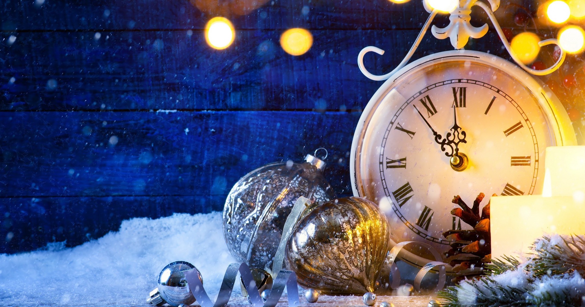 New Year celebration with clock and ornaments